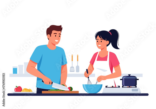 Two people happily cooking together in a kitchen, ideal for food blogs, cooking websites, culinary advertisements, or relationship content.