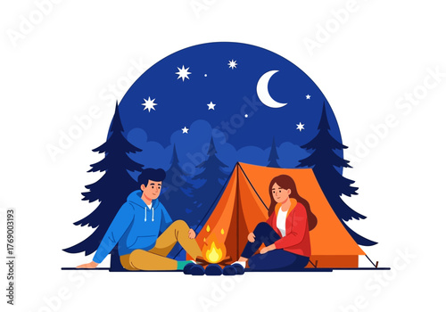 Man and woman camping by tent under starry night. Perfect for outdoor or adventurethemed designs, camping or travel blog posts.