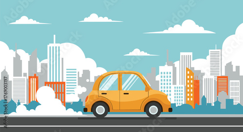 A vibrant yellow car drives through an urban cityscape, emitting visible exhaust fumes, highlighting environmental concerns in city transport.