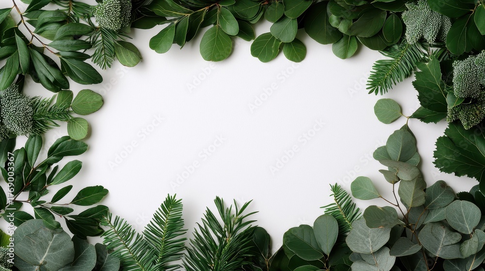 Fototapeta premium Assorted deep green foliage and textured floral elements frame a central white copy space area