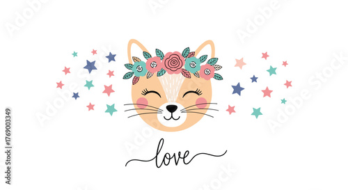 Sweet smiling cat character with a whimsical flower headband and scattered stars, featuring the word love.