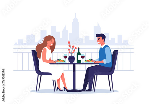 Romantic city dinner with wine, couple in love at outdoor table suitable for lifestyle, relationship, urban dining themes in design projects.