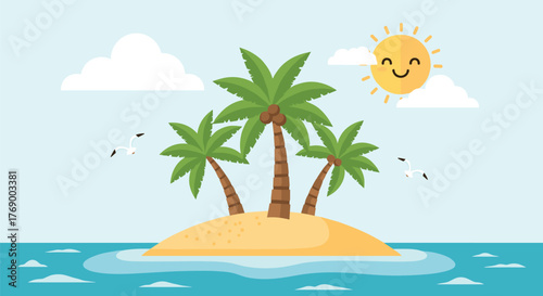 Cartoon illustration of a sunny tropical island featuring three palm trees, a smiling sun, and two flying seagulls over calm blue waters.