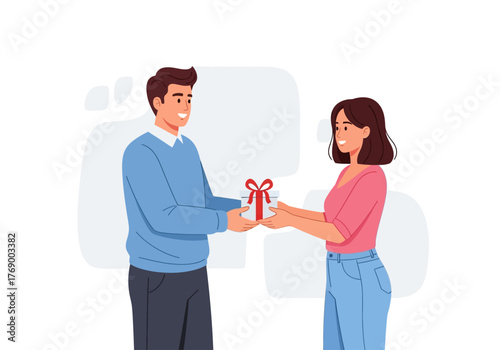 Man surprises woman with gift suitable for holidays, birthdays or special occasions. Gifting, surprises, joy, celebrations, relationships, love, events.