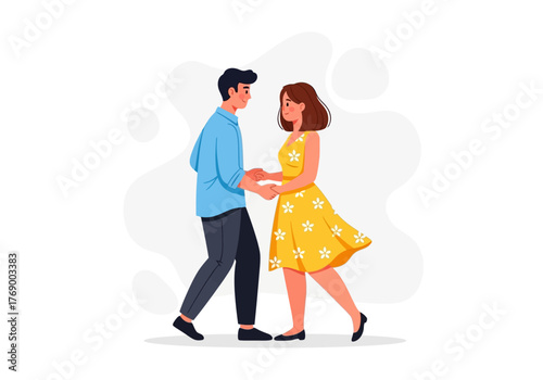 Joyful couple in vibrant attire waltzing together with hands clasped. Perfect for romantic, lifestyle, dancerelated content for various mediums.