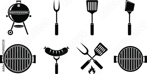 Barbecue grill tools vector icons set for summer grilling and cooking fun editable vector