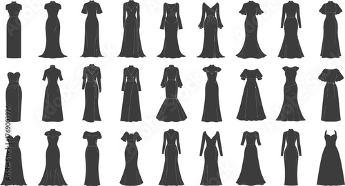 Shop elegant black dresses online formal gowns evening wear collection editable vector