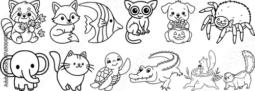 Forest animals doodle icon set. Cute hand drawn sketch illustrations of owl, deer, bear, rabbit, wolf and hedgehog. Black and white cartoon art for woodland wildlife themes.