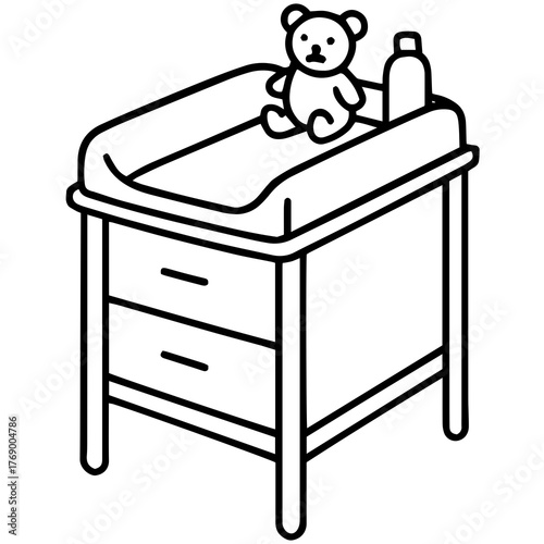 Nursery Essentials: A simple and clean illustration of a nursery changing table, adorned with a teddy bear and a bottle, depicting the heart of infancy care.