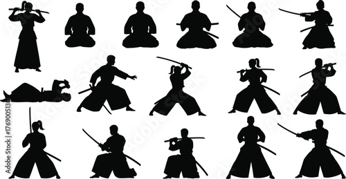 Kendo martial arts silhouettes japanese sword fighting poses vector art editable vector