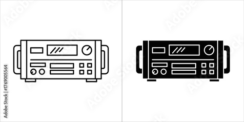Two icons of an audio receiver, one outlined and one solid black, on a