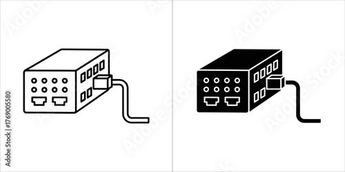 Outline and solid silhouette icon of a network switch or router