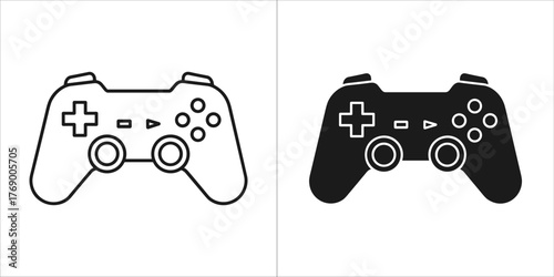 Line art and solid black icon of a video game controller