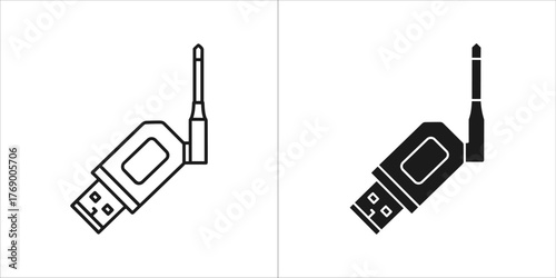 Line art and solid black icon of a usb wifi adapter with antenna