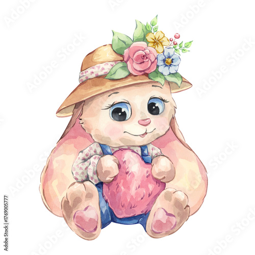A fluffy hare with long ears in a hat with flowers holds a red heart.