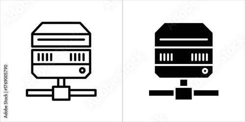 Two icons of a server rack unit, one in black and white outline, the other in black silhouette
