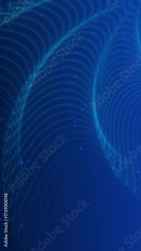Blue spiral geometry with particles on a blue background. Vertical video for social media post