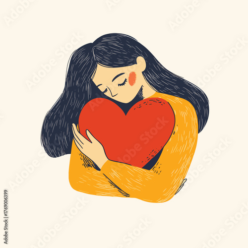 Love yourself, Self care, Woman hugging heart, acceptance and self love