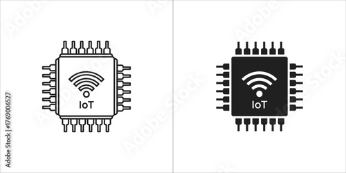 Two icons representing an iot chip, one outlined and one filled