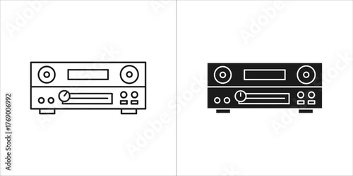 Line art and solid black icon of a vintage stereo amplifier
