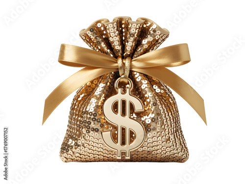 Gold sequin money bag with dollar sign isolated on transparent background
