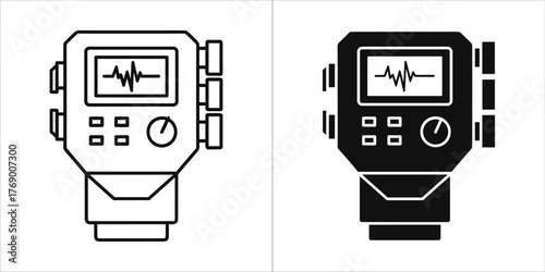 Line art and solid black icon of a portable audio recorder with waveform display
