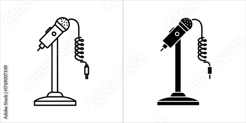 Two icons of a microphone on a stand, one in black and white outline, the other in black silhouette