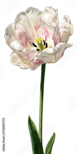 Single Off White Tulip with Pink Veining on White Background