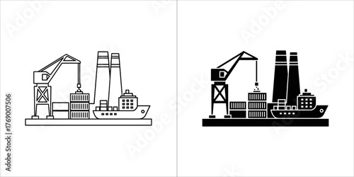 Container ship at a port with cranes and smokestacks, outlined and filled versions