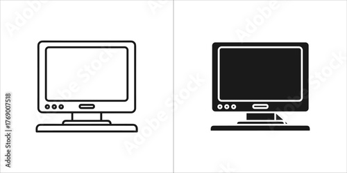 Old computer monitor icon, outlined and filled, on a