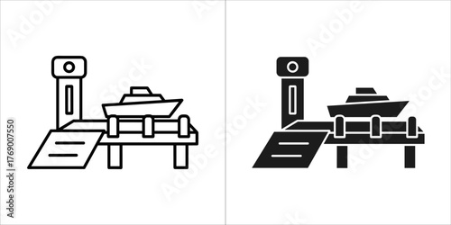Simple outline and filled icons of a boat docked at a pier with a lighthouse