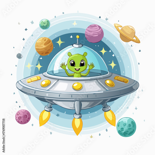 Cartoon alien in a flying saucer surrounded by planets and stars in space.