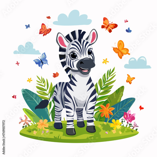 Cute cartoon baby zebra standing in a green meadow with colorful flowers and butterflies.