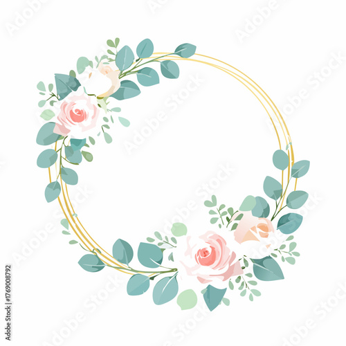 Floral wreath with pink roses and eucalyptus leaves on a gold frame.
