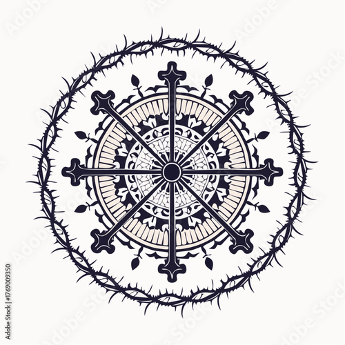 Intricate circular symbol featuring a stylized cross at its center, surrounded by a thorny crown of thorns.