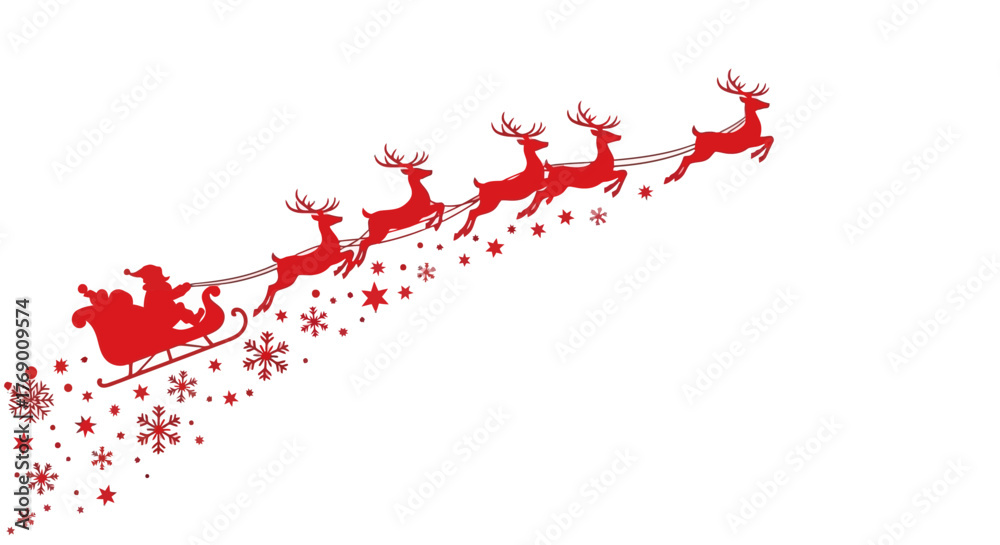 Naklejka premium Santa Claus Sleigh and Reindeer Silhouette with Snowflakes for Christmas Design