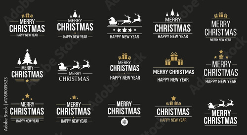 Set of festive Merry Christmas and Happy New Year greeting badges with classic designs, elegant typography and gold decorative elements