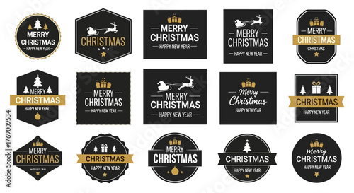 Festive Merry Christmas and Happy New Year Labels and Stickers Collection