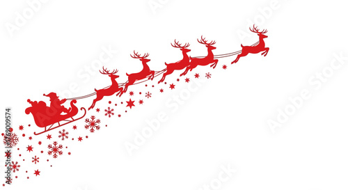 Santa Claus Sleigh and Reindeer Silhouette with Snowflakes for Christmas Design