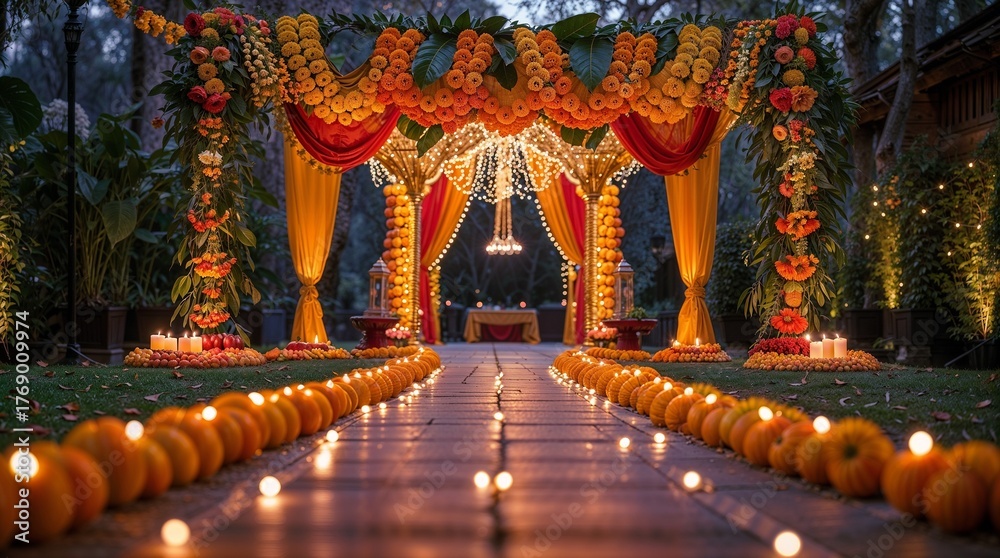 Fototapeta premium A vibrant and festive Raksha Bandhan celebration entrance beautifully decorated with an abundance of traditional Indian elements, exuding warmth, joy, and cultural richness