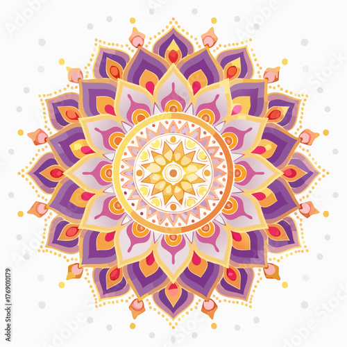 Vibrant watercolor mandala with intricate purple, orange, and gold floral patterns on a white background.