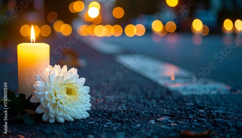 White chrysanthemum flower and burning candles on dark street. Funeral concept.
