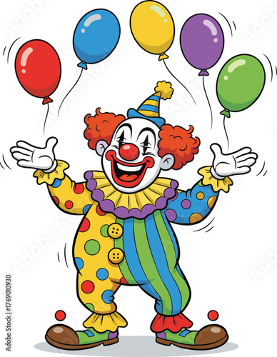 Colorful happy clown juggling balloons at circus party, cheerful entertainment character bringing joy, laughter, and fun celebration atmosphere