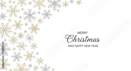 Christmas and New Year card with golden and silver snowflakes on a white background