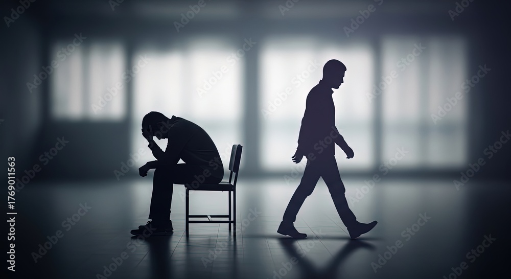 Obraz premium One person walking away from another person sitting alone and dejected in a dimly lit room.