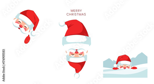 Santa Claus faces peeking out in playful Christmas illustration
