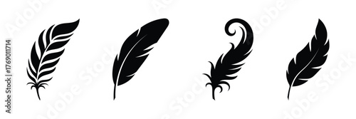 Set of black feather in a flat style. Set of bird feather. Pen vector icons. Black quill feather silhouette. Creative feather illustrations bird wings and flight.