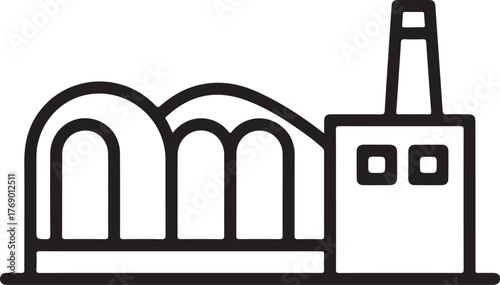 Simple outline icon of a factory building with chimney and arched roof