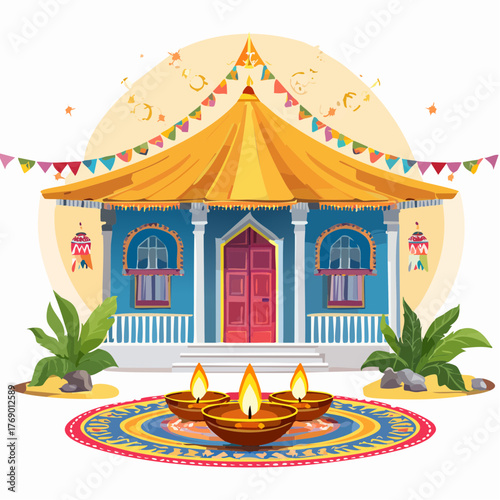 A decorated Indian house with lit diya oil lamps and a colorful rangoli for a traditional festival celebration.