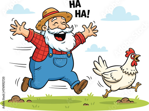 Funny happy farmer chasing chicken on green field, cartoon illustration of countryside humor, joyful farm life and rural comedy